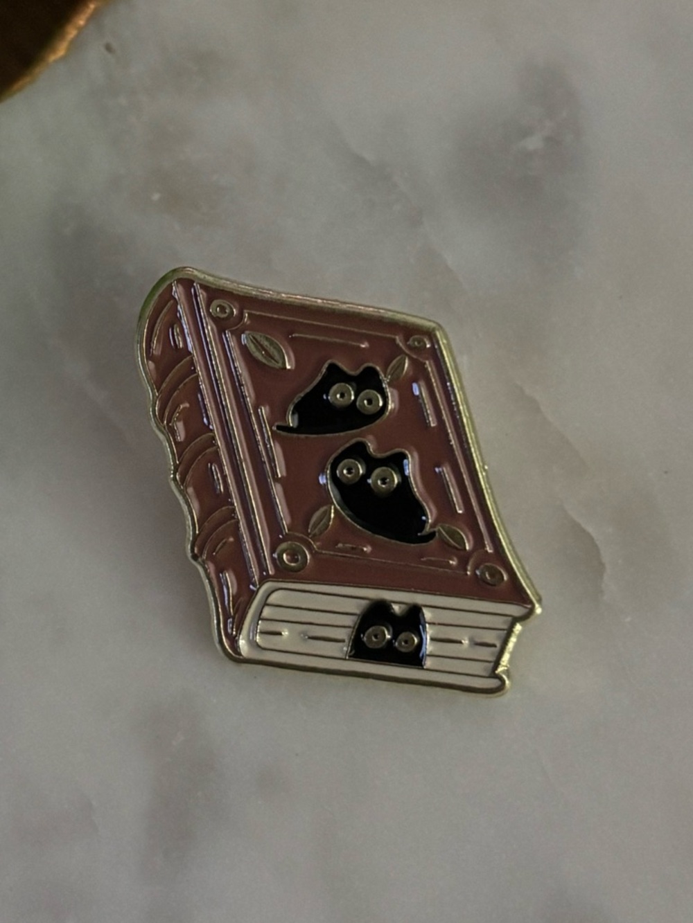 Enamel Book Pin with Black Cat Cutouts - Dusty Rose